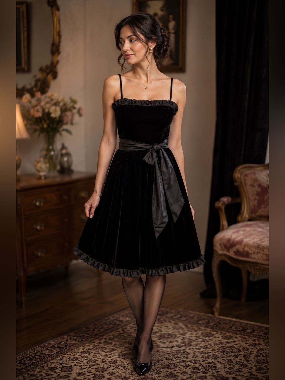 Vintage A.J. Bari Black Velvet Ruffle Trim Belted Fit & Flare Dress Size XS